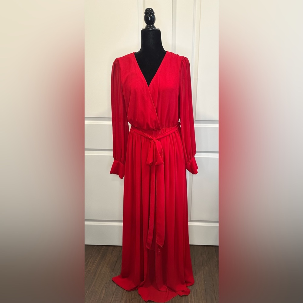 Red belted dress nice material.